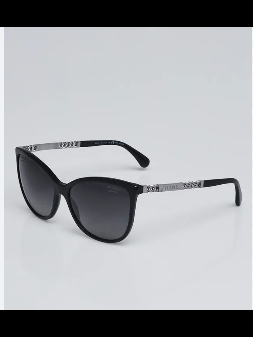 CHANEL Black Cat-Eye Sunglasses with Silver Chain Temples